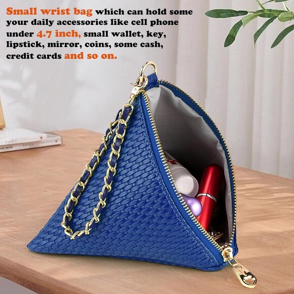 ⚡New Blue Leather Triangle Wristlet Clutch Handbag Pyramid Evening Cocktail - Picture 4 of 6